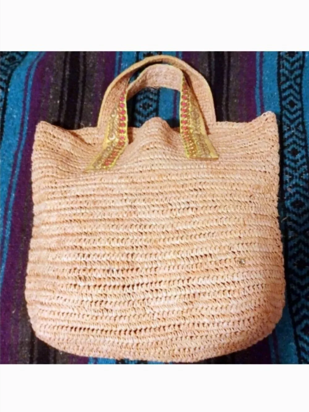 Nora Belle Large Embellished Woven Raffia Tote Resort Chic Boho Coastal Cowgirl